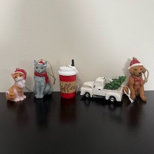 Christmas Ornament Set with Cats, Dog, Coffee Cup, and Truck